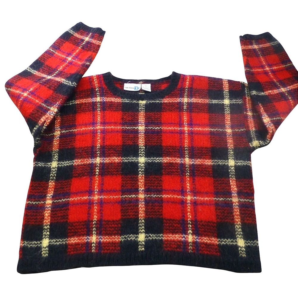 Paul Harris Design Vintage Mohair Blend Plaid Sweater Red Black Large 90s Knit